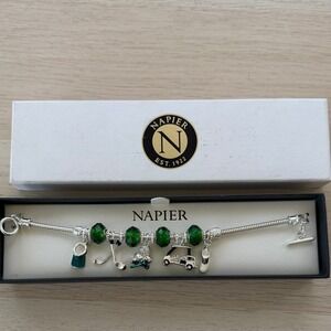 Napier Golf Charm Bracelet Silver Tone Green Glass Beads Golf Cart Clubs NIB